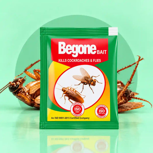 Begone Bait for Cockroaches & Flies with green bg + cockroach lying