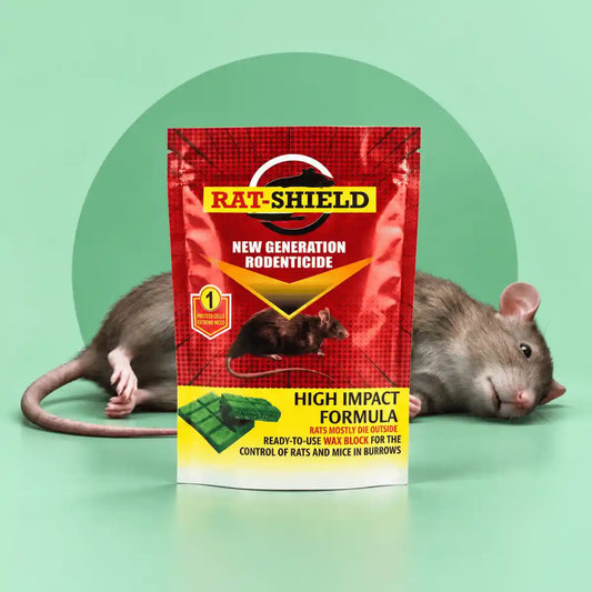 Rat-Shield rodenticide pouch with a rat