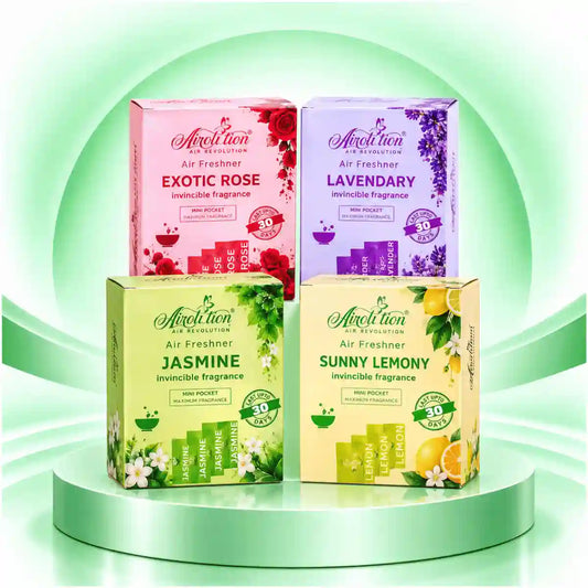 Airolution Air Freshener boxes in Exotic Rose, Lavender, Jasmine and Sunny Lemony fragrances