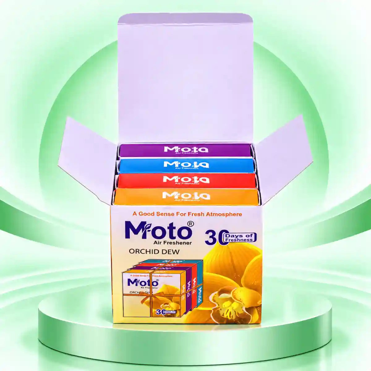 Moto Air Freshener Orchid Dew open box with four fragrance cartons